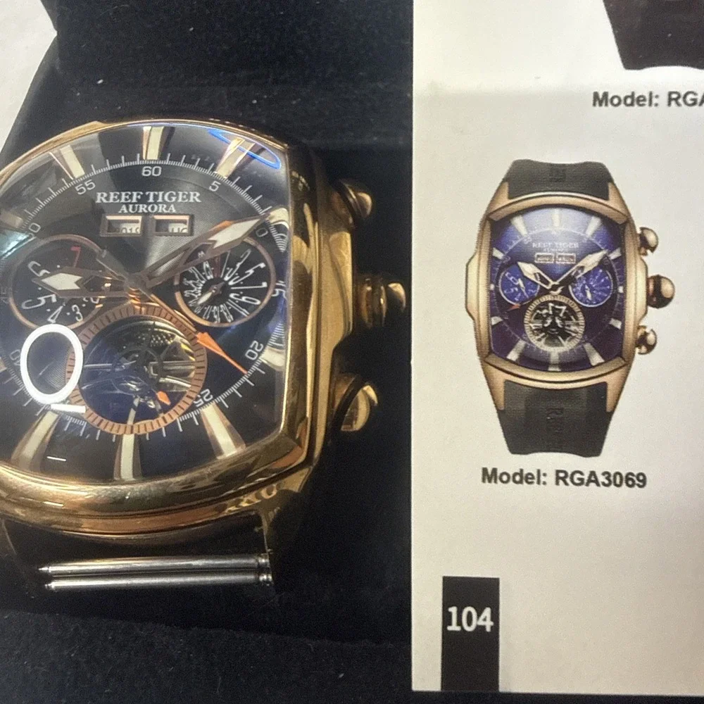 REEF TIGER RGA 3069 Tank 2 100M Rose Gold Tonneau Automatic Men's Watch Skeleton